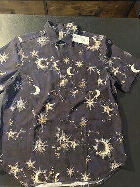 Johnny Was Men's Navy Shirt with Gold and White Celestial Print